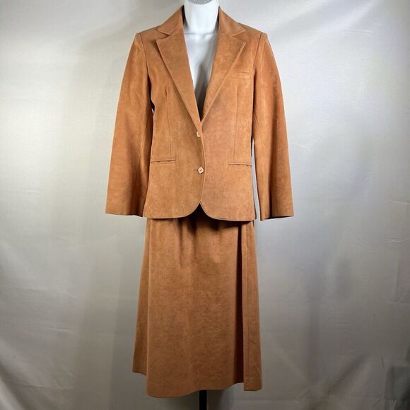 Vintage Samuel Robert Peter Hatsi Androu Suit Peach Size 8-10 Pockets Faux Suede - Picture 1 of 16